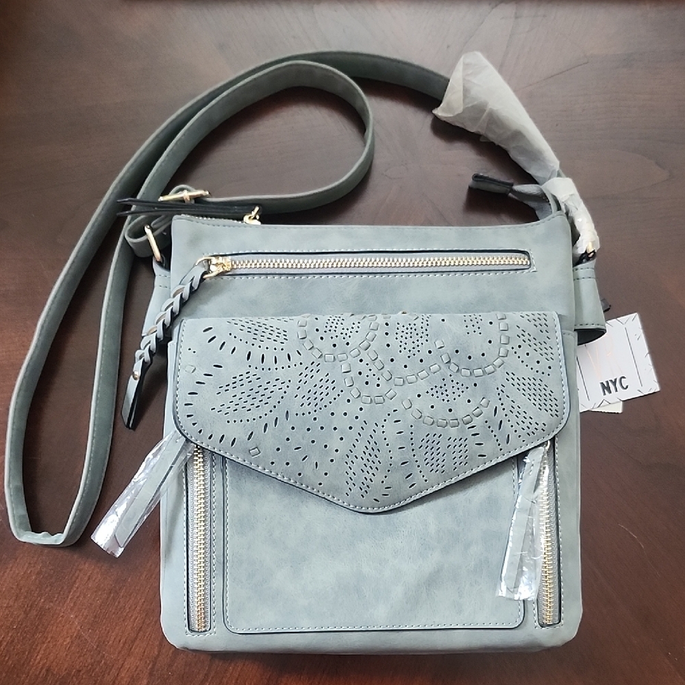 Gray Crossbody Bag with Metallic Accents and Textured Finish